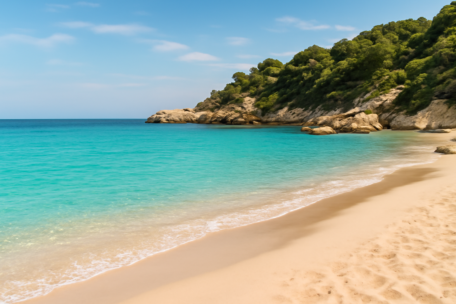 Cala mediterránea luminosa ideal para inspirar la presentación de un apartamento de playa