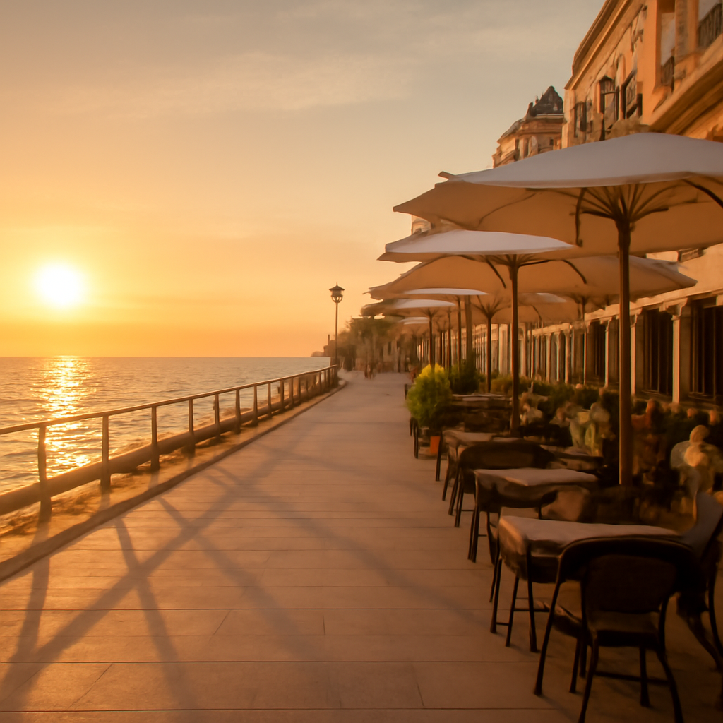 Paseo marítimo junto al mar con ambiente relajado de destino vacacional