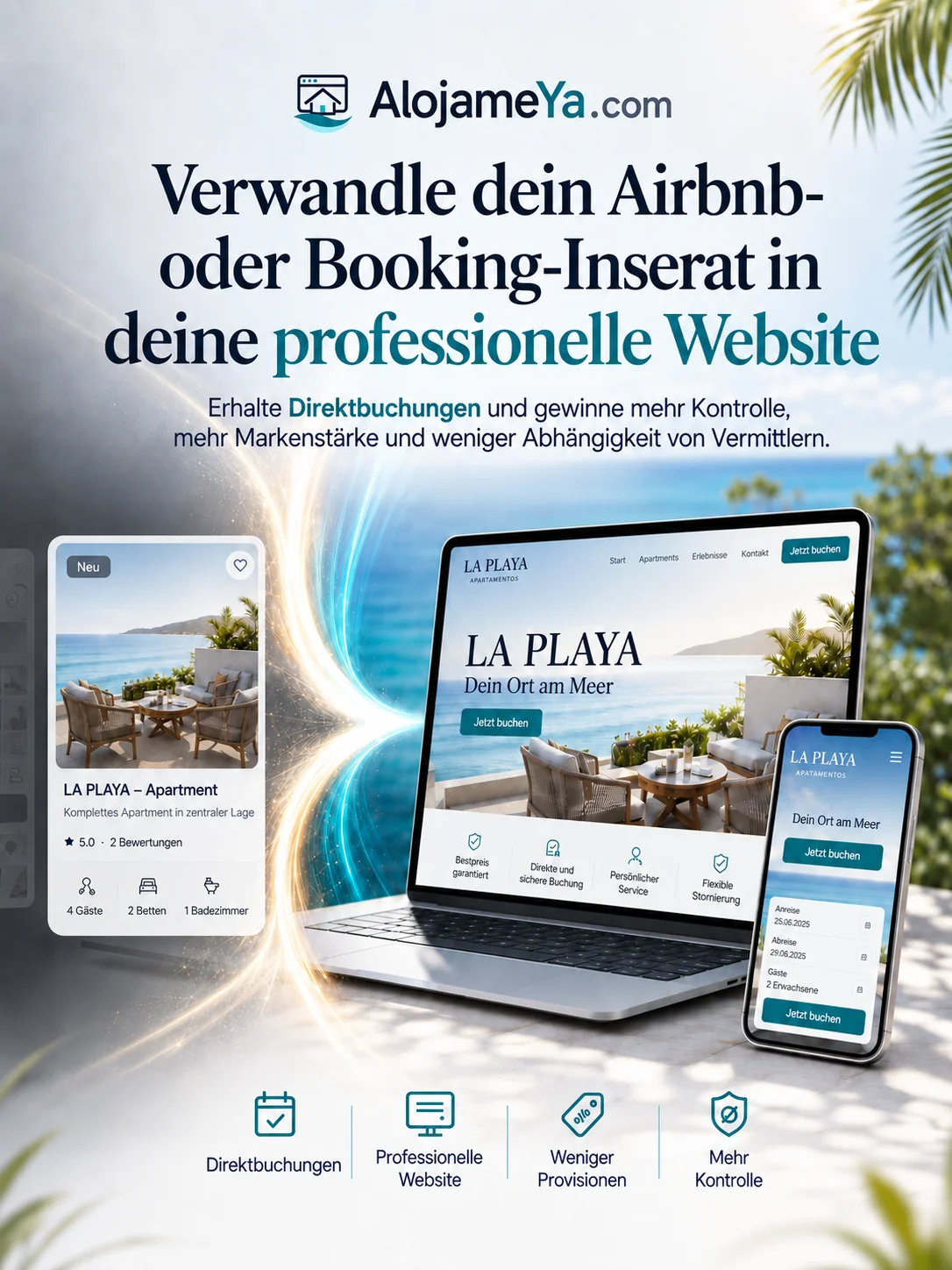 Visuelles Beispiel für die Umwandlung eines Airbnb- oder Booking-Inserats in eine professionelle Unterkunftswebsite