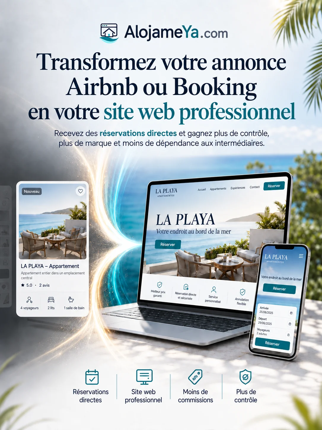 Exemple visuel de transformation d’une annonce Airbnb ou Booking en site professionnel pour hébergement